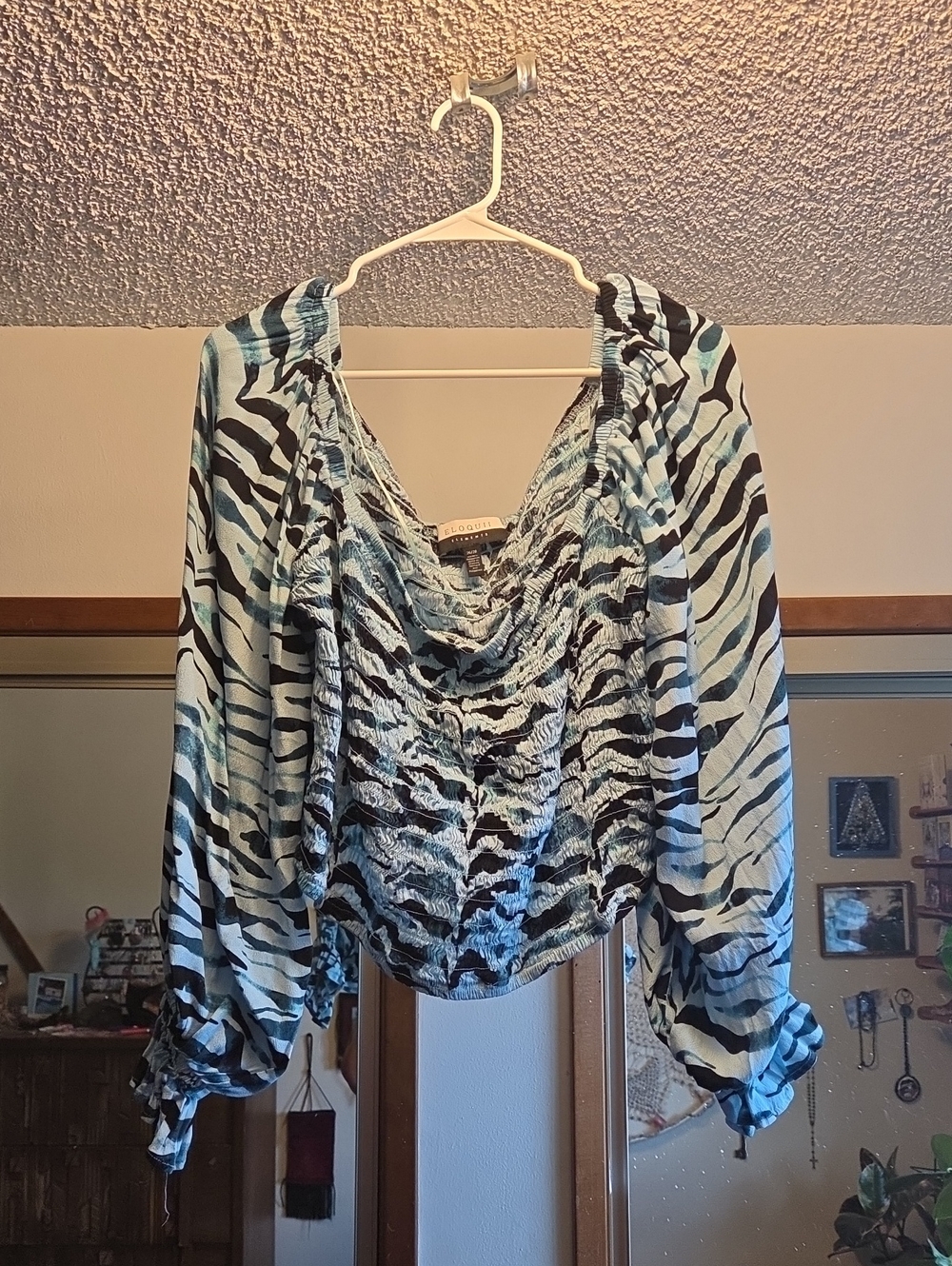 Eloquii Light Blue and Black Zebra-Print Draped Blouse
